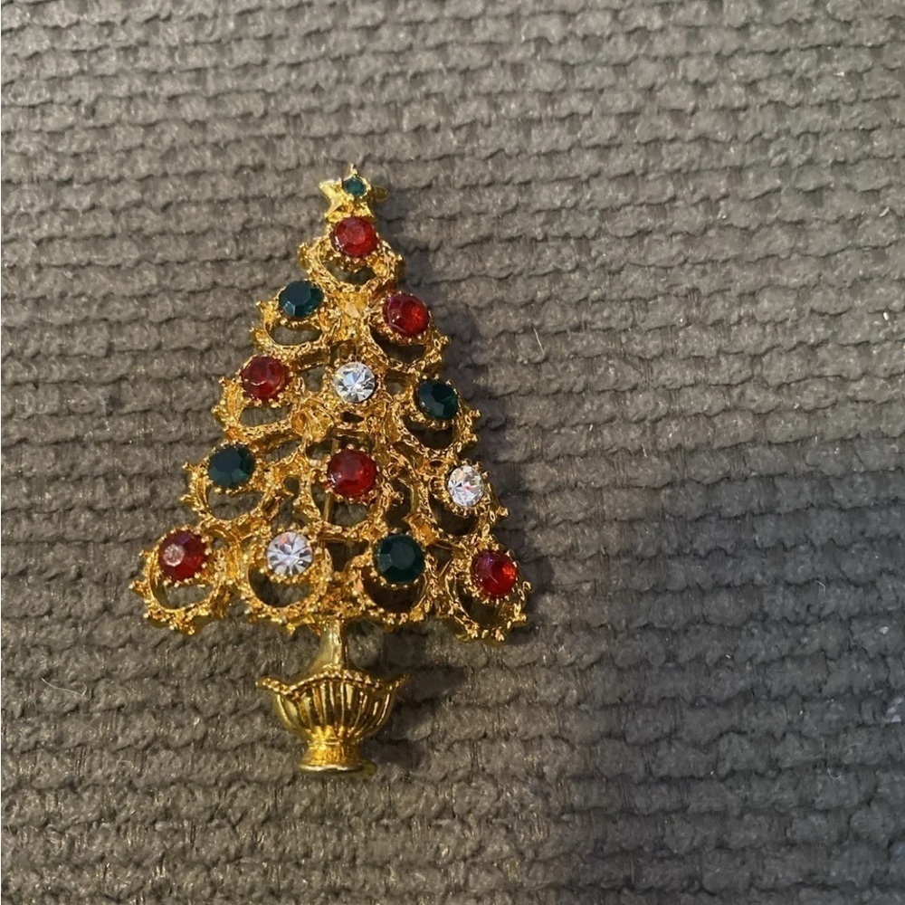 Signed Christopher Radko Christmas Tree Pin Brooch Gold‎ Tone Green Red White